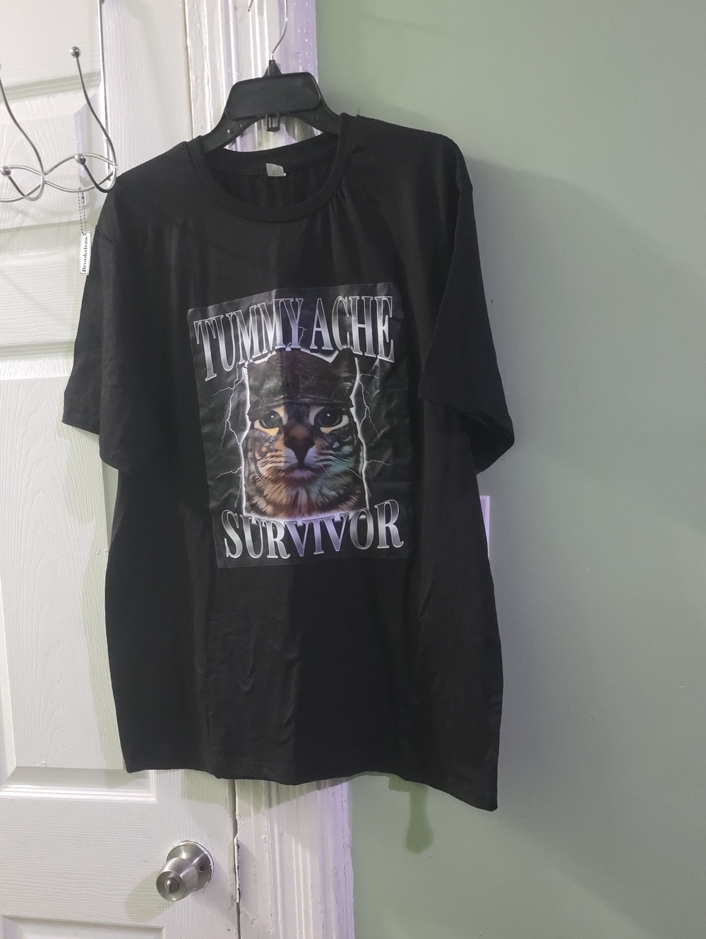 Black Graphic Cat 'Tummy Ache Survivor' Short-Sleeve Shirt